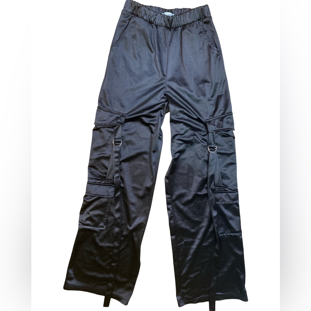 Persea Black Satin Cargo Pants Wide Leg‎ Buckle Detail XS